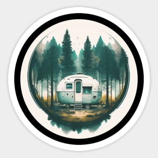Camping Van, Adventure in the Forest, Watercolor Style Sticker